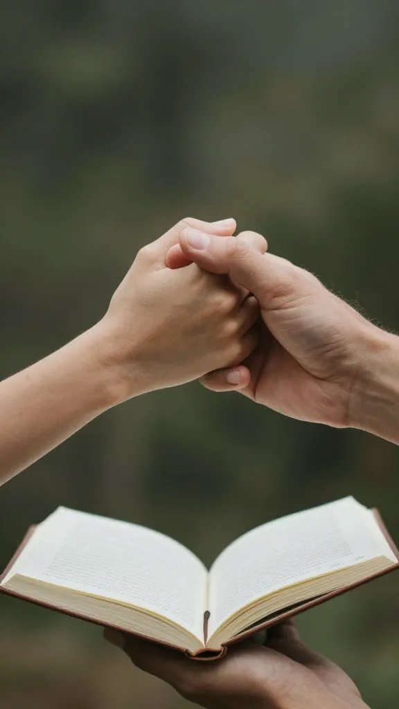 Close-up of a couple's hands clasped, meeting mid-air over a travel journal