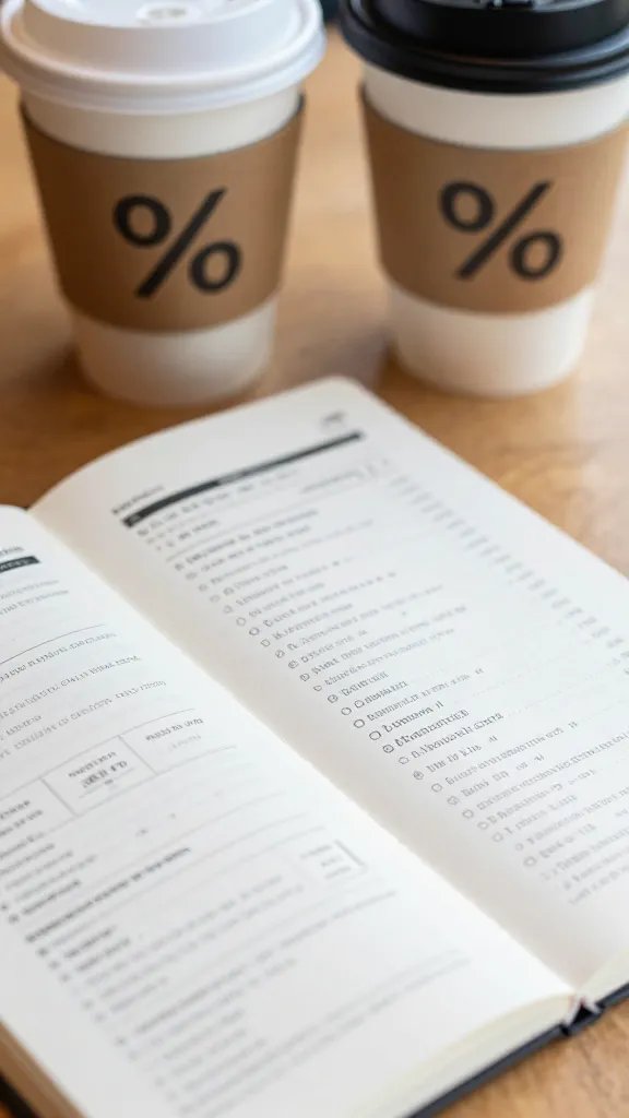 Close-up of two coffee cups and a shared itinerary on a wooden table