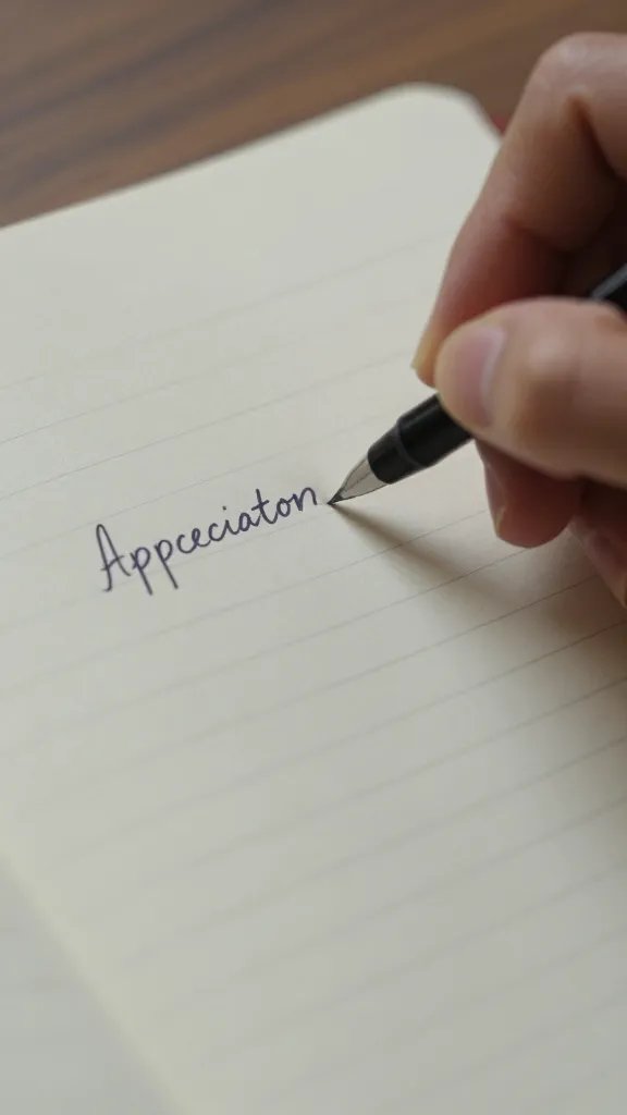 Closeup of a hand writing a specific appreciation note on a notebook