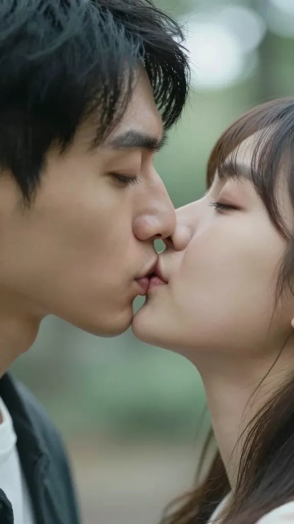 Tight shot of a whispered thank-you kiss with soft bokeh