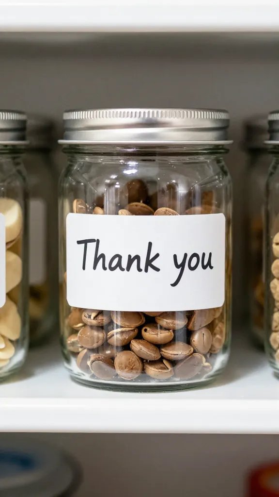 Macro image of a neatly organized kitchen pantry with a single labeled jar marked 