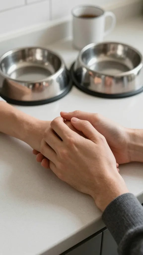 Closeup of a couple’s intertwined hands with two pet bowls on a shared mug-filled counter