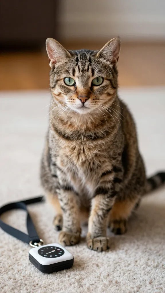 Focused portrait of a single cat seated calmly on a rug beside a leash and timer