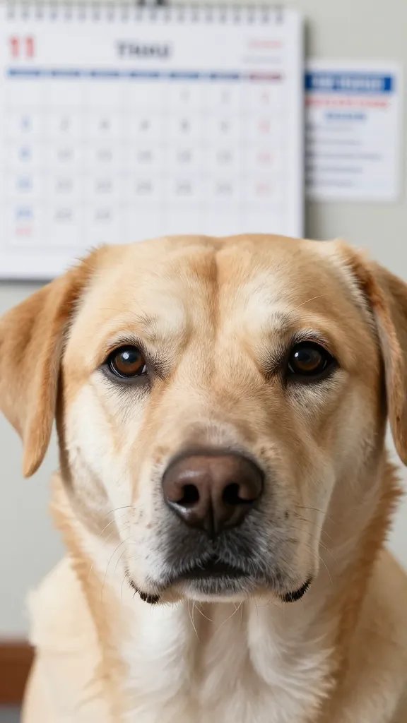 Closeup of a dog’s face, calm and alert, with a calendar and vet appointment card blurred in background