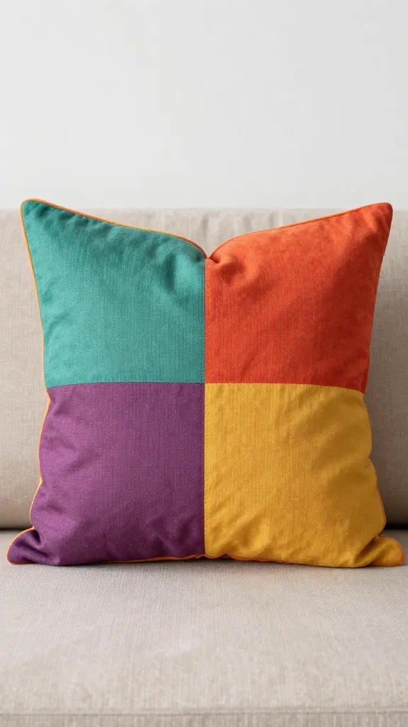 closeup of bold colorful throw pillow on neutral sofa