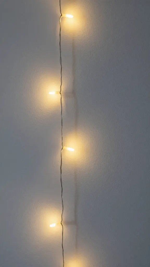 closeup of string lights glow on plain wall texture