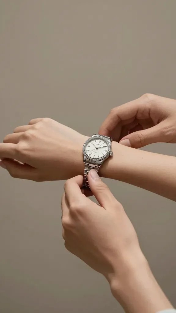 closeup of a couple’s hands reaching for a single luxury watch