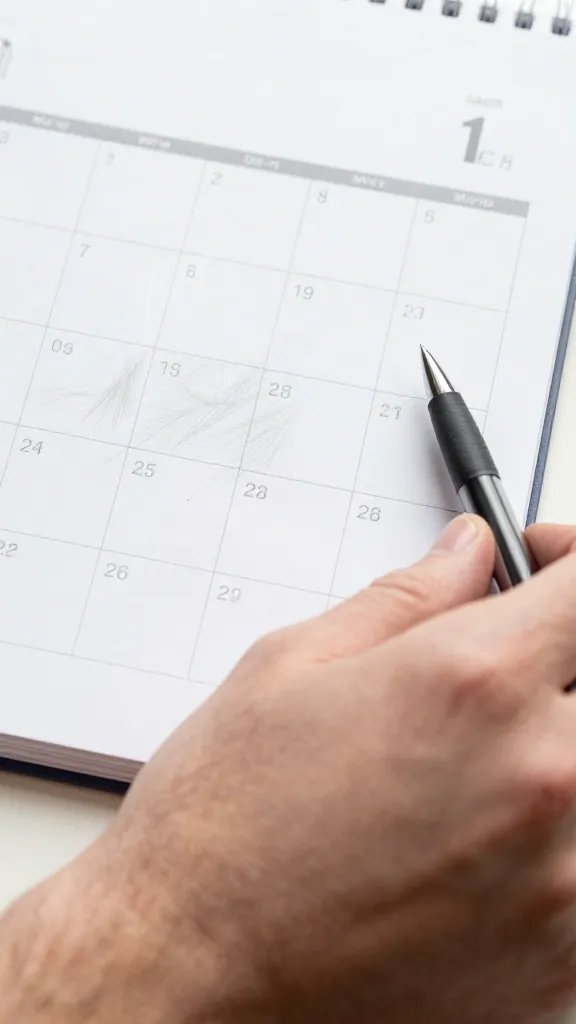 Closeup of a man’s wrist with a scratched, empty calendar and a single pen