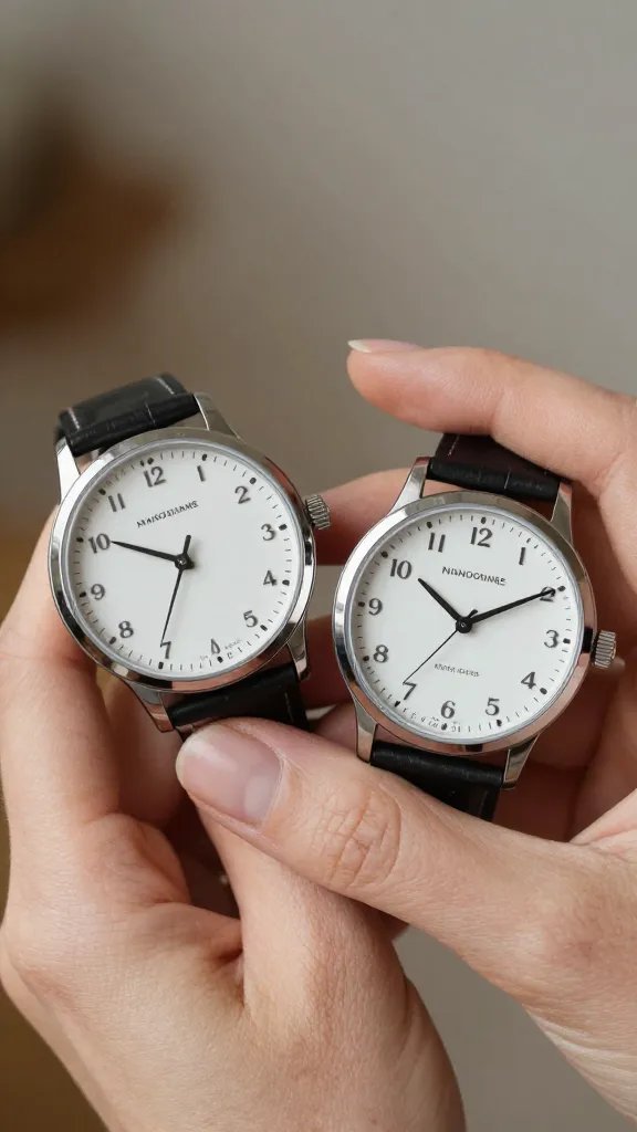 Closeup of a woman’s hands holding two mismatched watch faces, paused