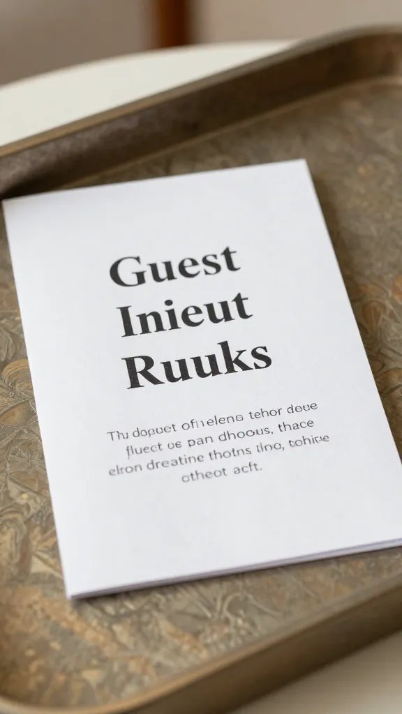 closeup of a guest etiquette rule note in a living room tray