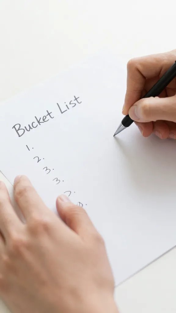 Closeup of a couple’s hands writing a bucket list on paper