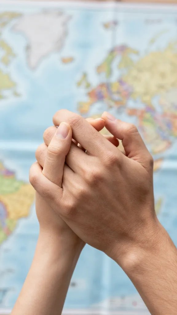 Focused shot of couple’s intertwined fingers over a travel map