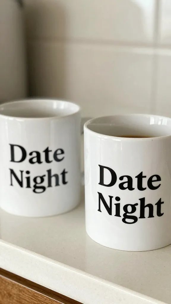 Closeup of two coffee mugs labeled “Date Night” on a kitchen counter