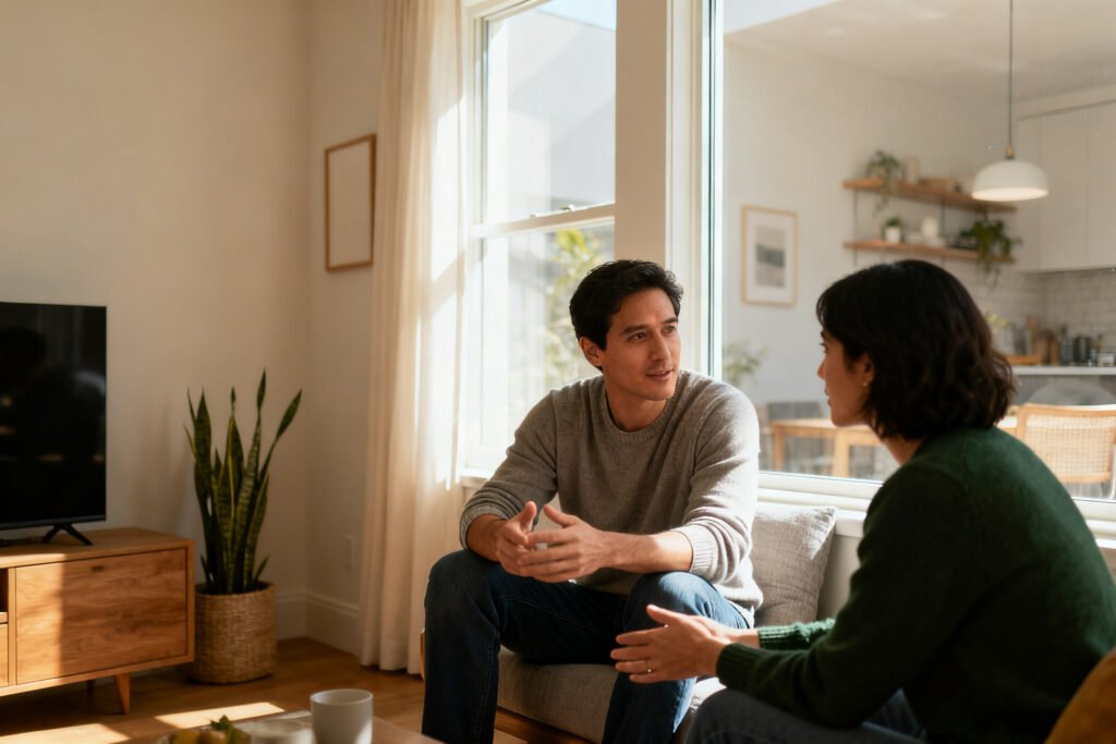 A couple together by a sunny window