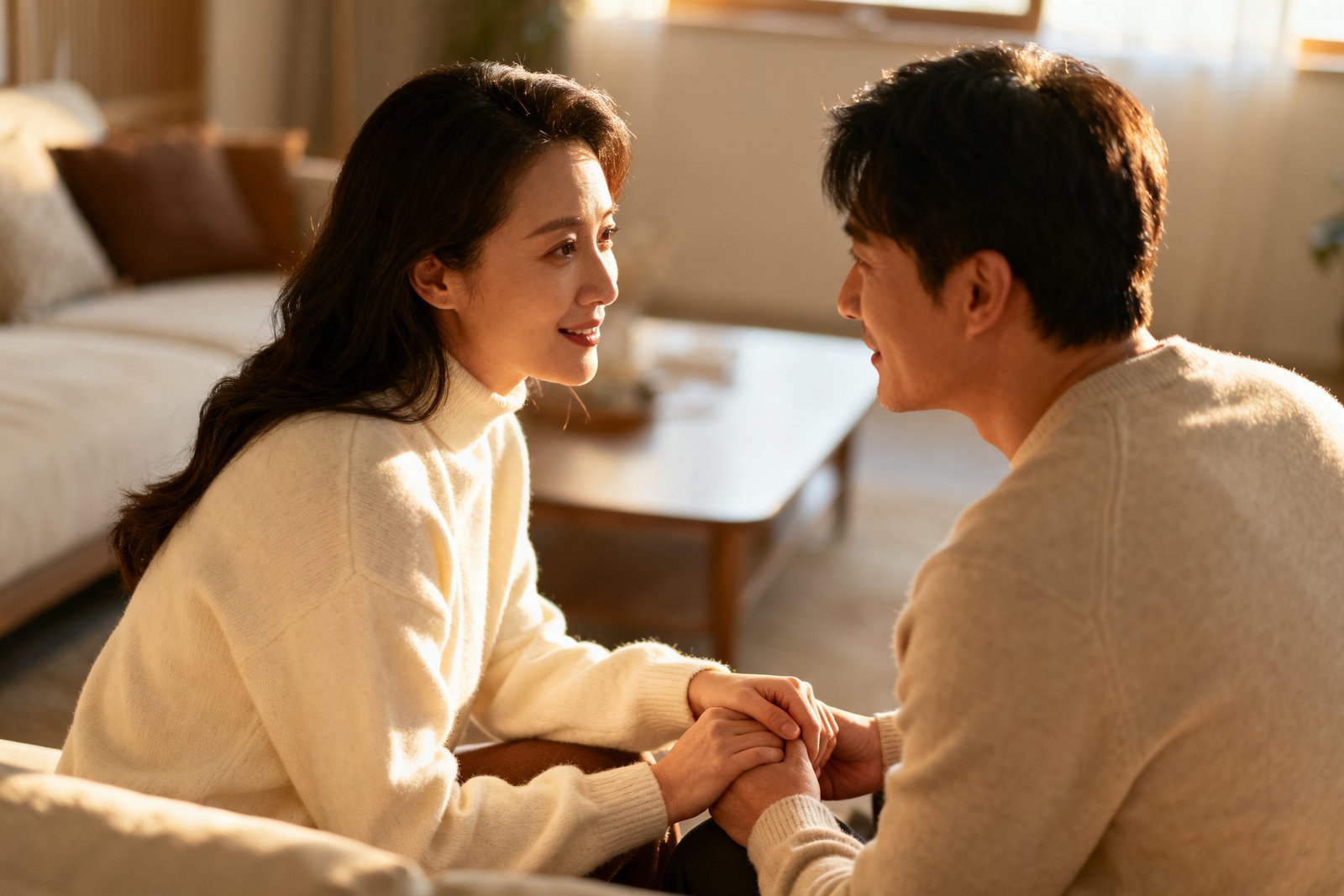 Partners holding hands during an honest conversation