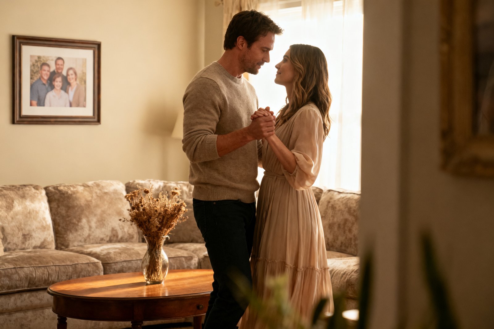 Couple slow dancing at home