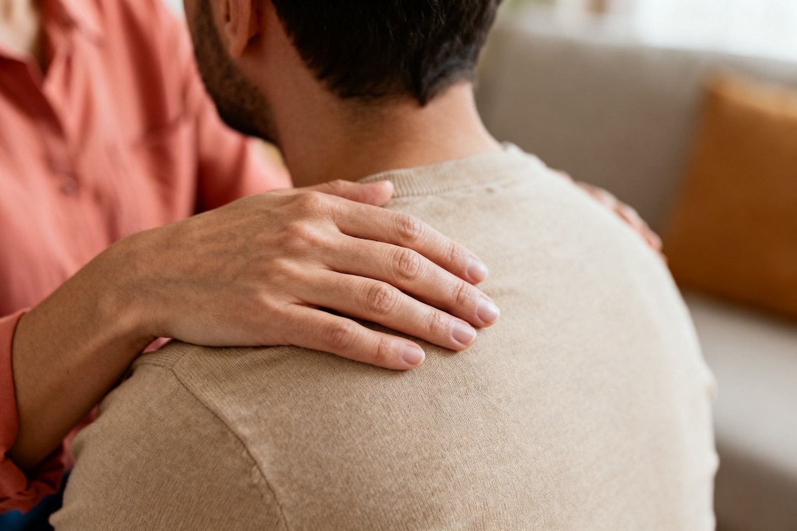 A reassuring hand on a partner shoulder