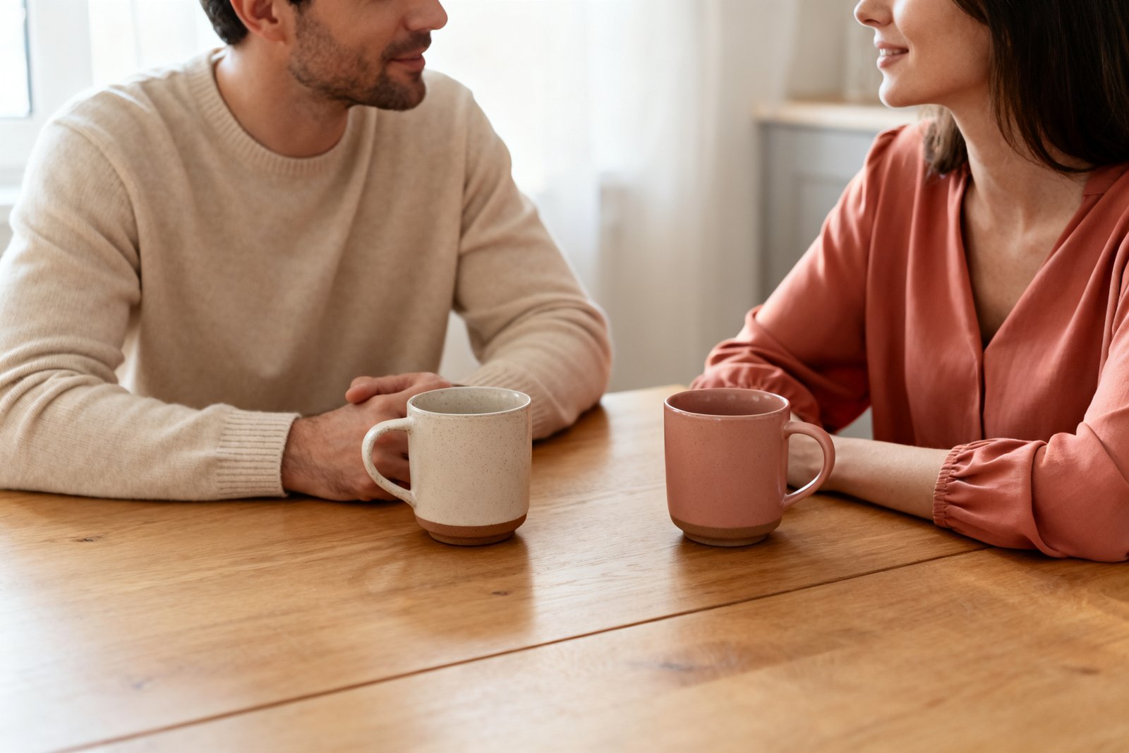 Two mugs with a couple chatting briefly