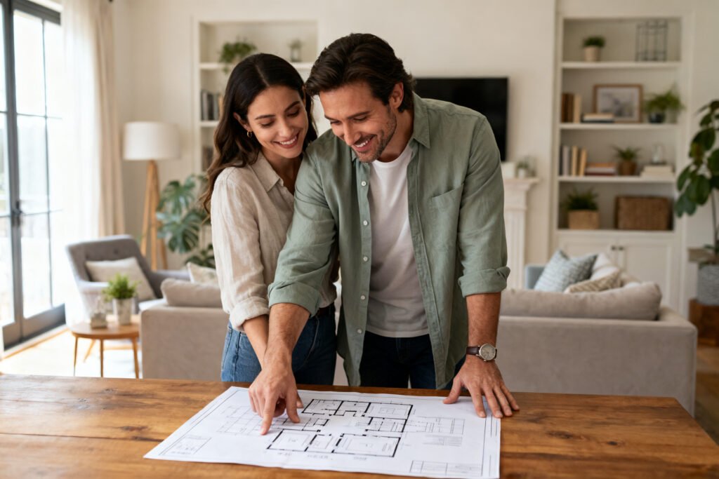 A couple looking at plans together