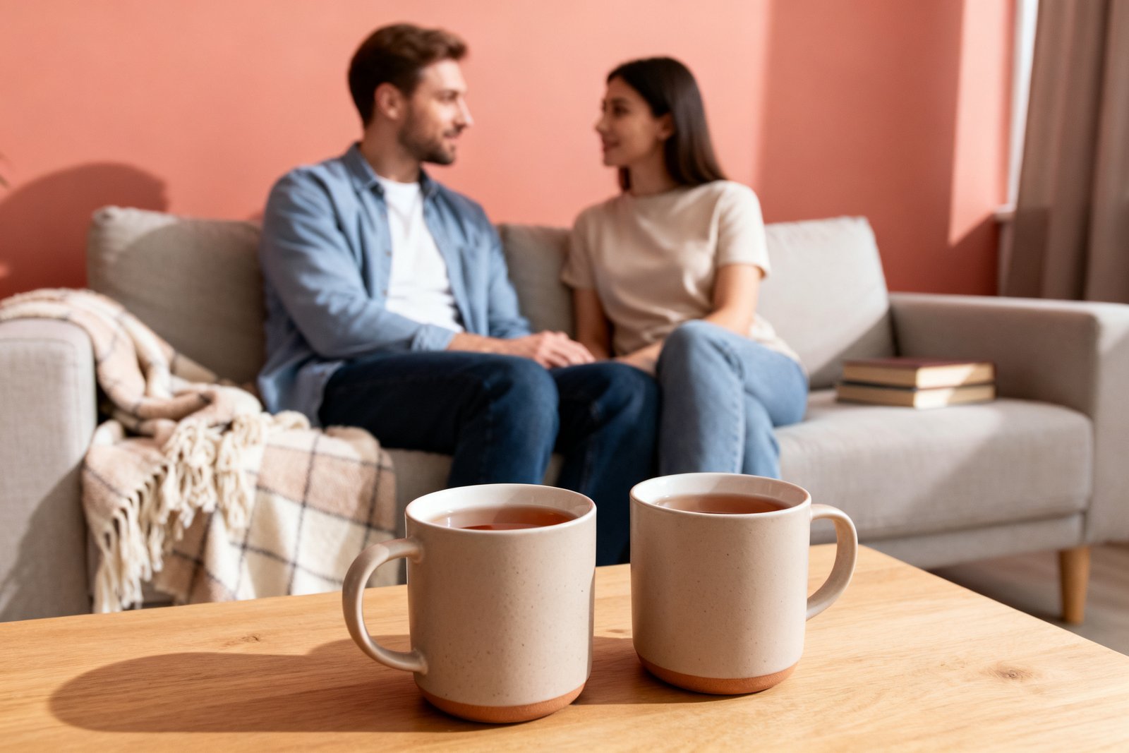 Two mugs of tea with a couple talking in the background