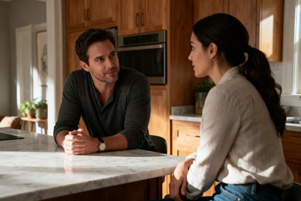 A couple connecting in a cozy kitchen
