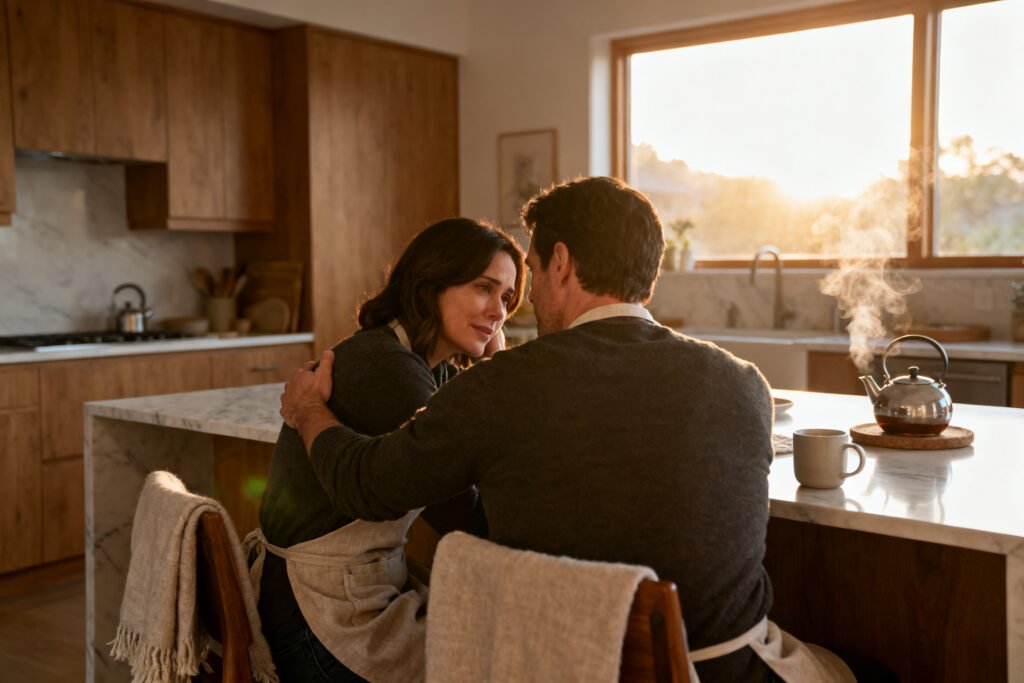 A couple connecting in a cozy kitchen