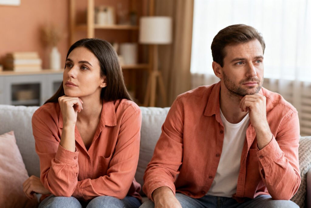 A couple sitting thoughtfully, reflecting on their communication