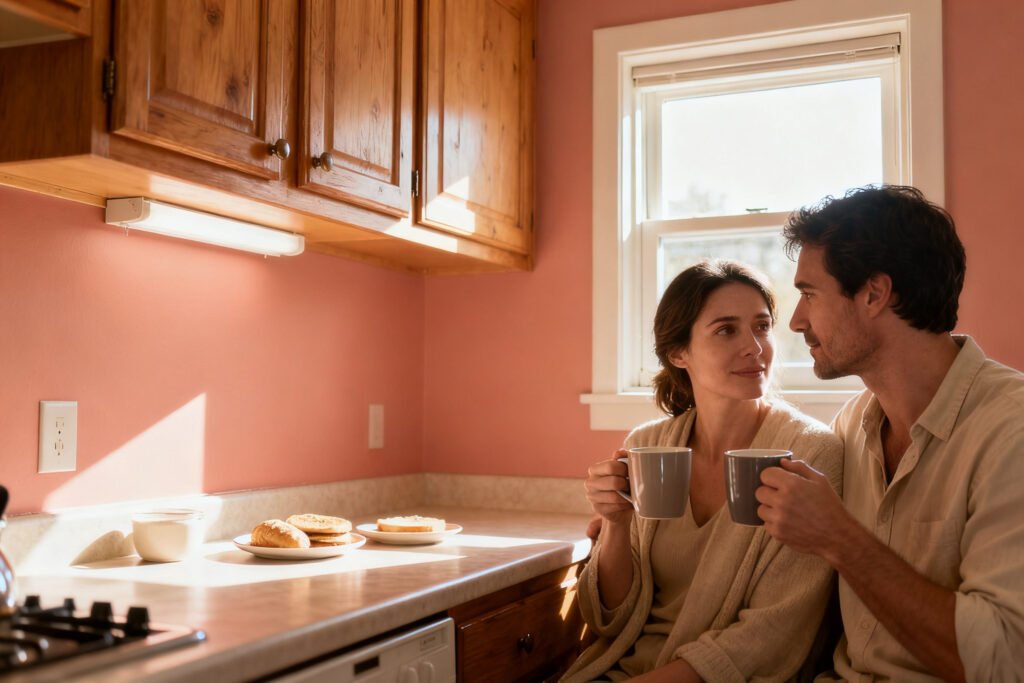 A couple sharing morning coffee together in the kitchen