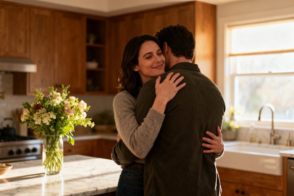 A couple connecting in a cozy kitchen