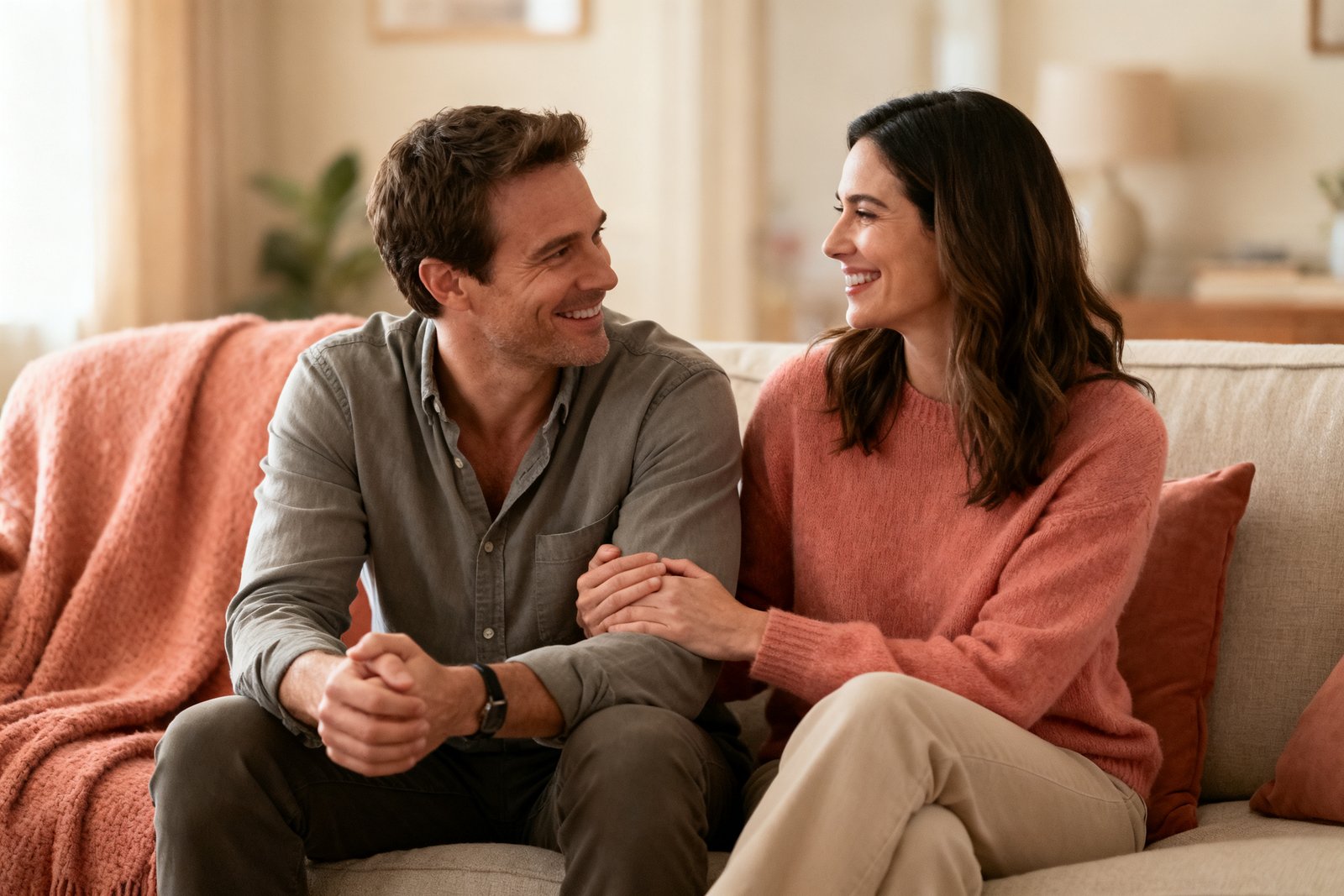 A couple sharing an understanding smile after a good talk