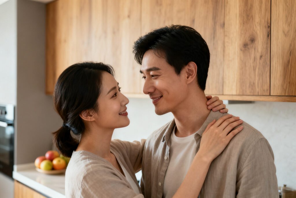 A couple connecting in a cozy kitchen