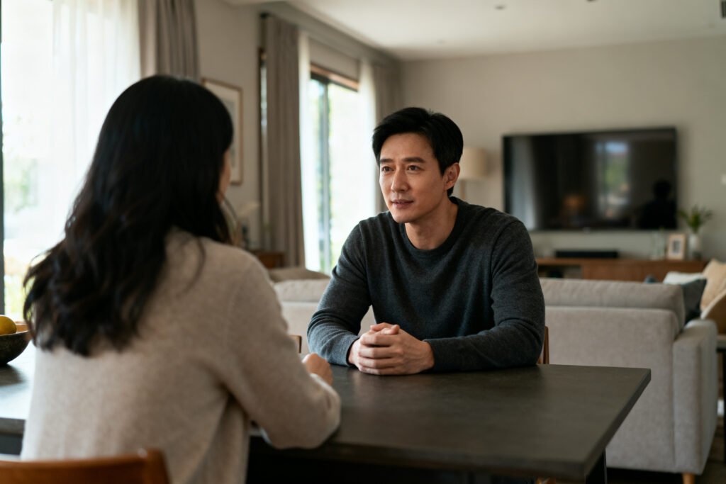 A couple talking at a table