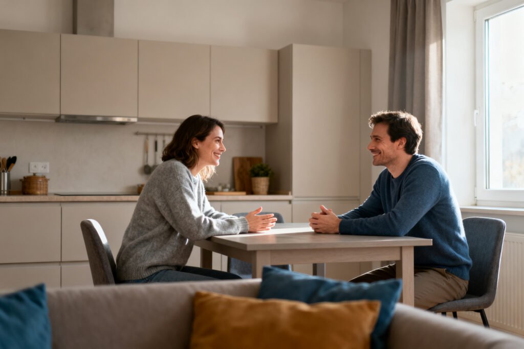 A couple talking calmly at a kitchen table