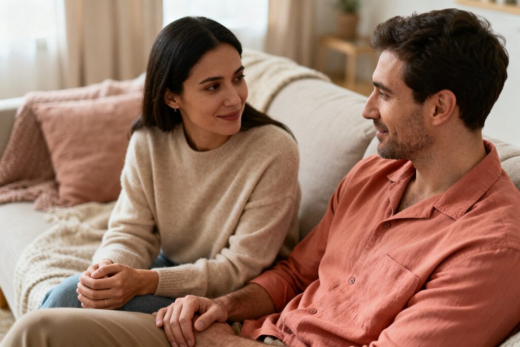 A couple rebuilding closeness with a hopeful conversation