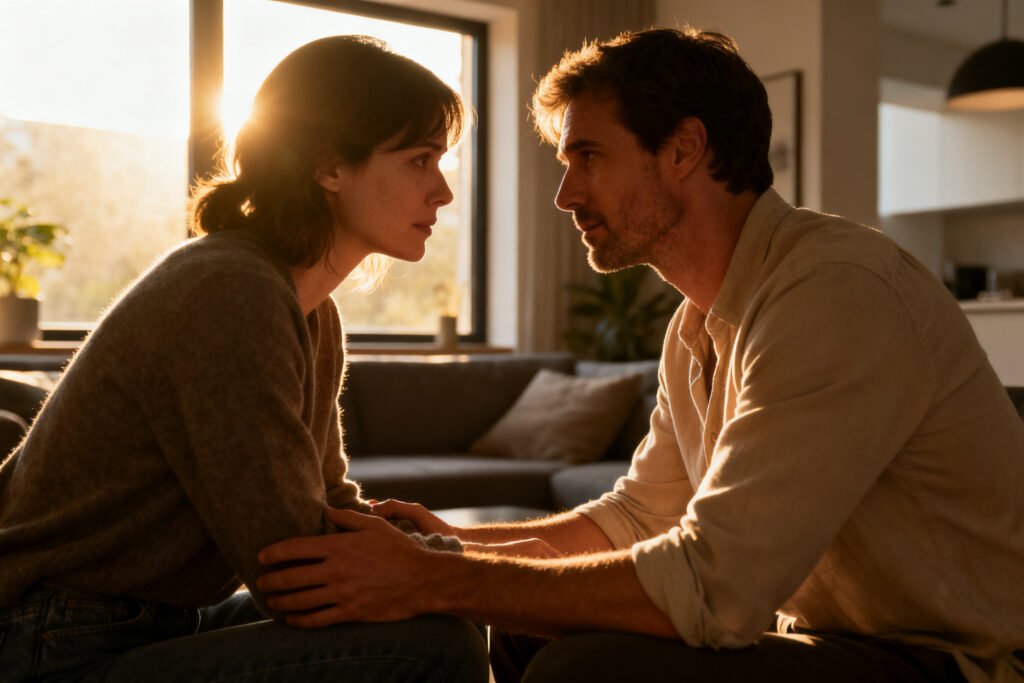 A couple together by a sunny window