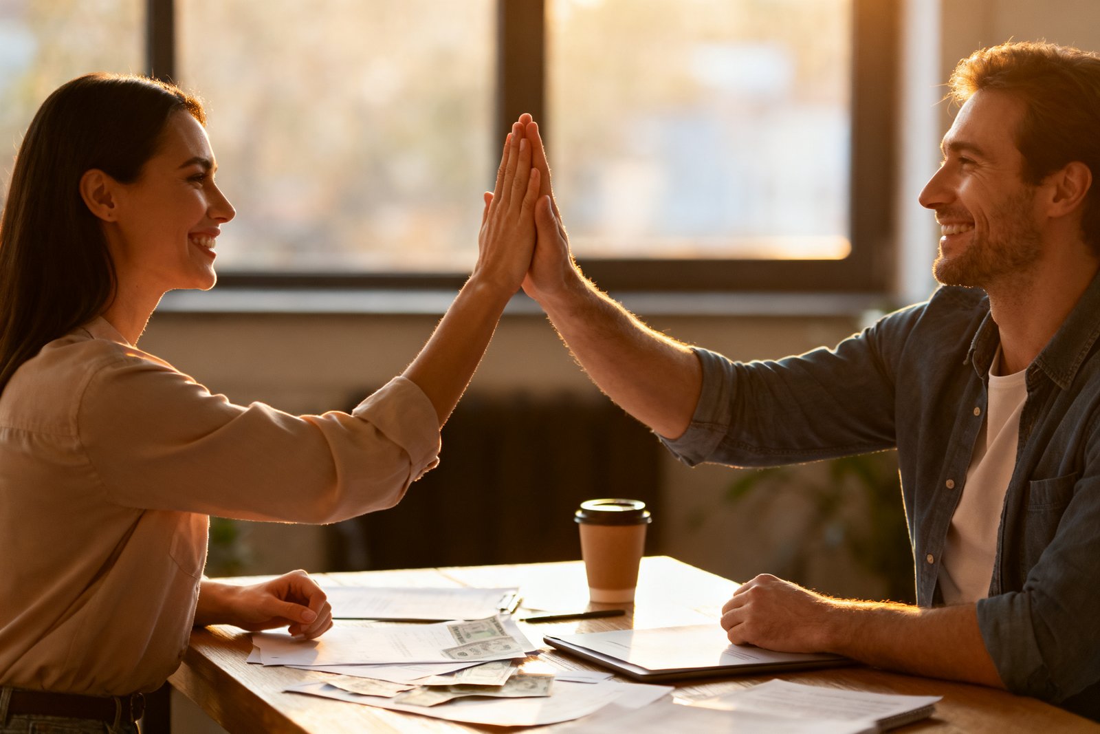 Couple celebrating after a money date