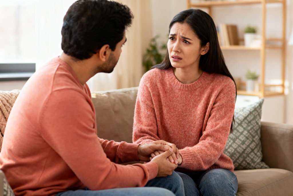One partner apologizing sincerely while holding the other hand
