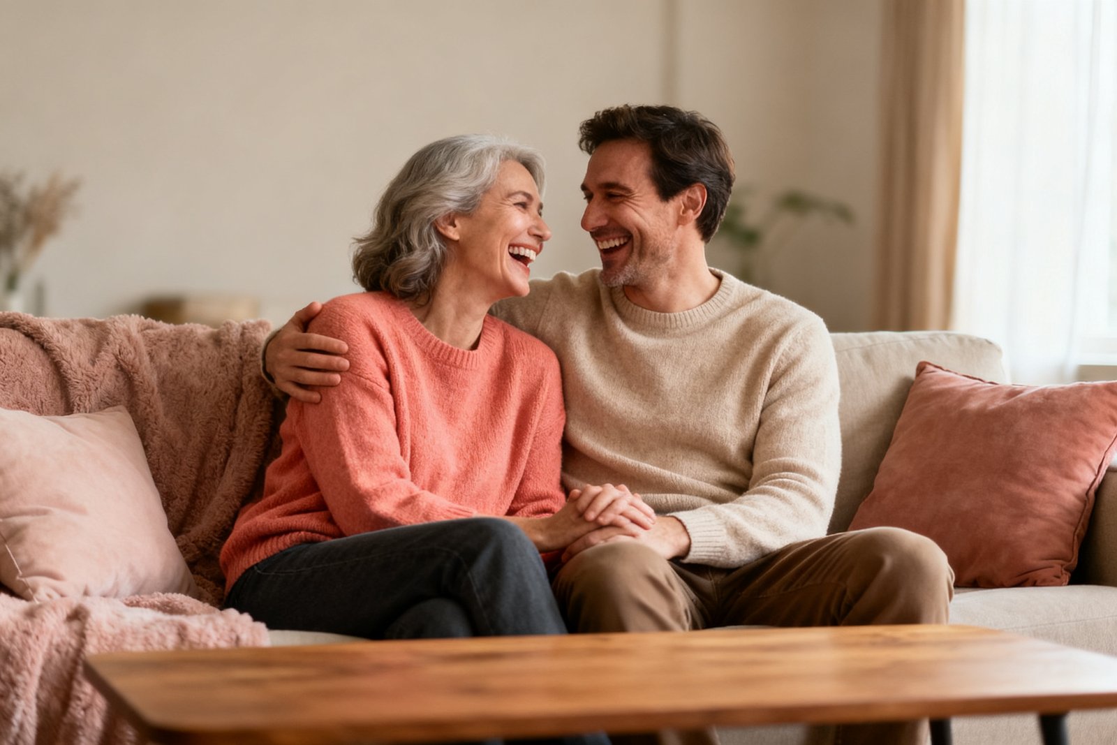 A couple laughing together, closeness restored