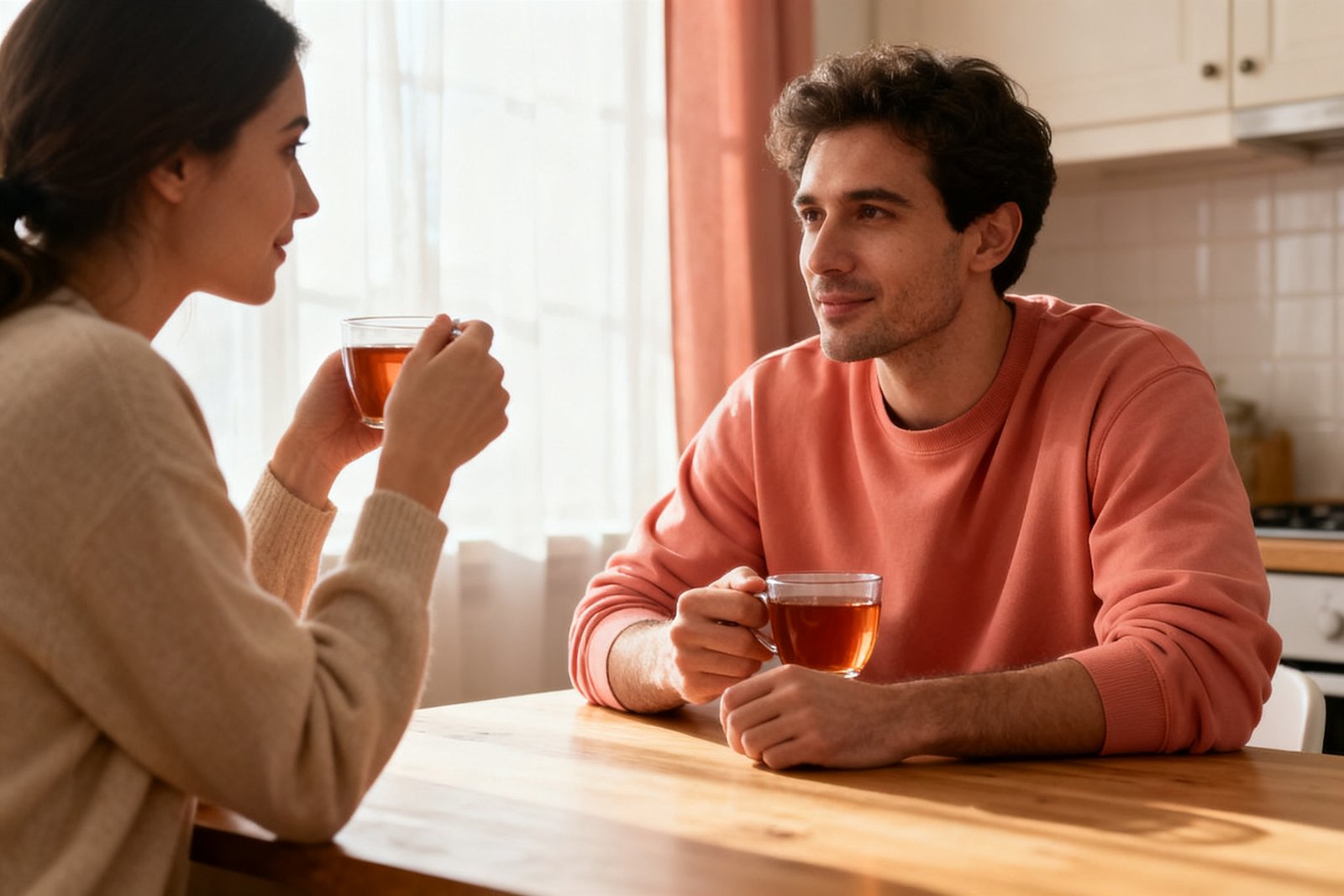 Couple talking calmly over cups of tea at the kitchen table