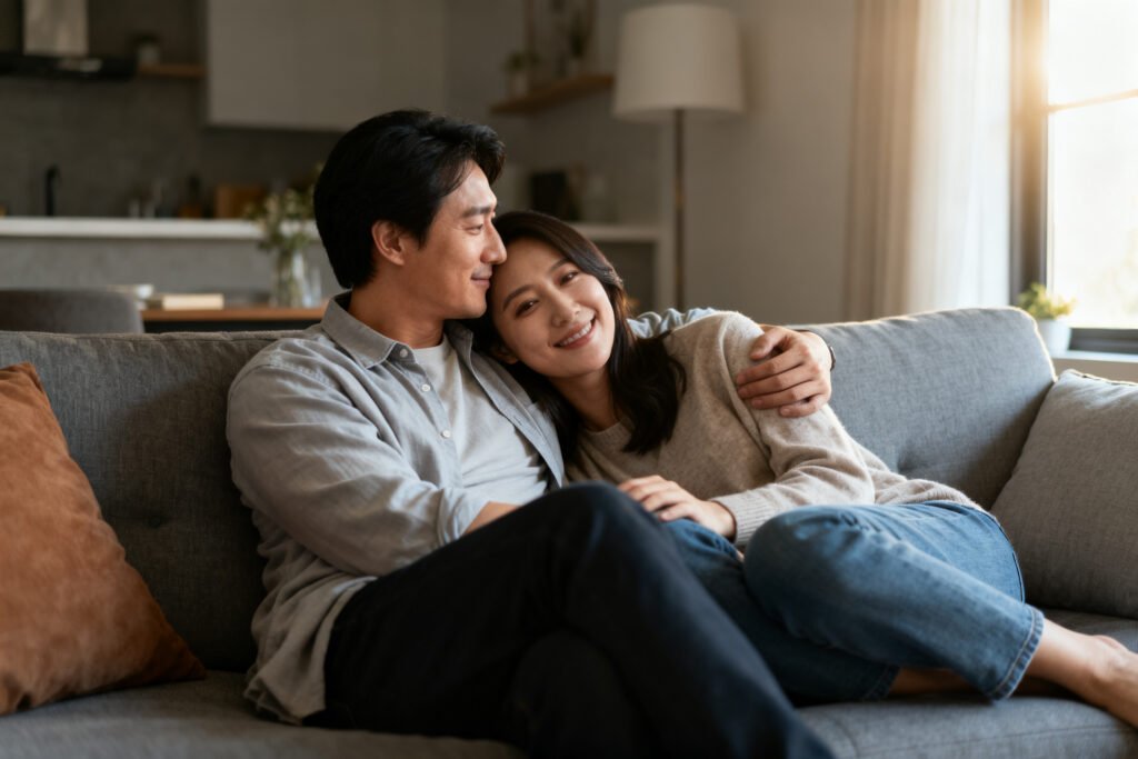 A couple cuddling on the couch
