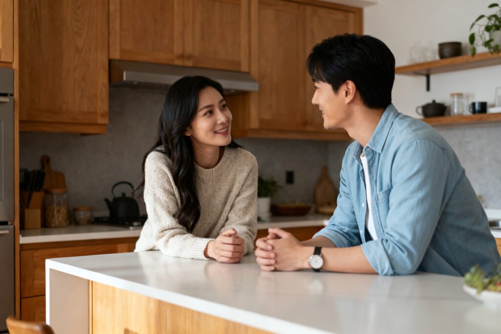 A couple connecting in a cozy kitchen
