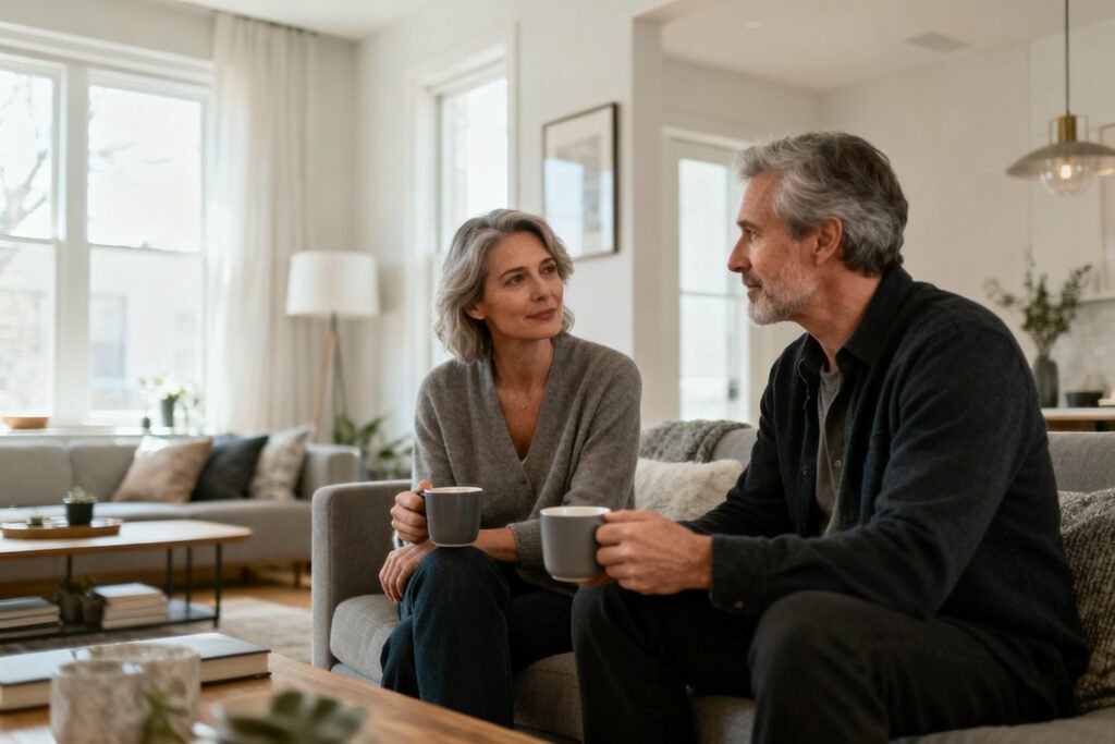 Partners reflecting over coffee