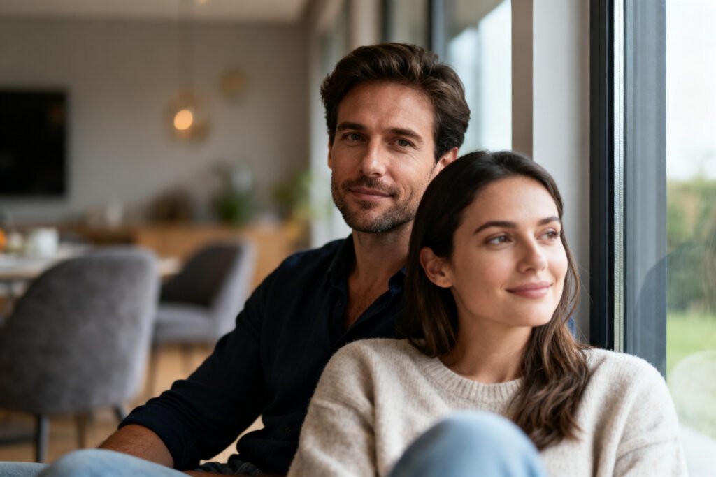 A hopeful couple by a window