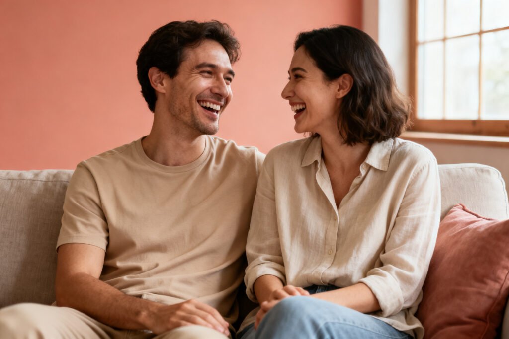 A couple laughing together during an easy conversation