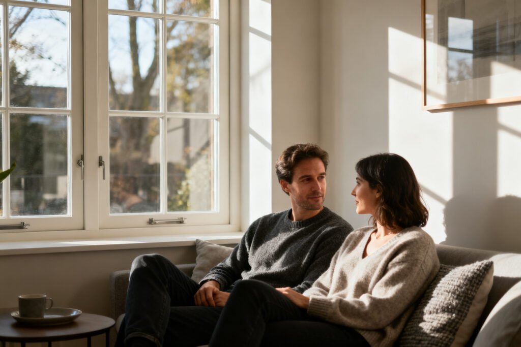 A couple together by a sunny window