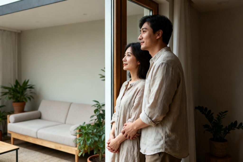 A couple looking ahead together