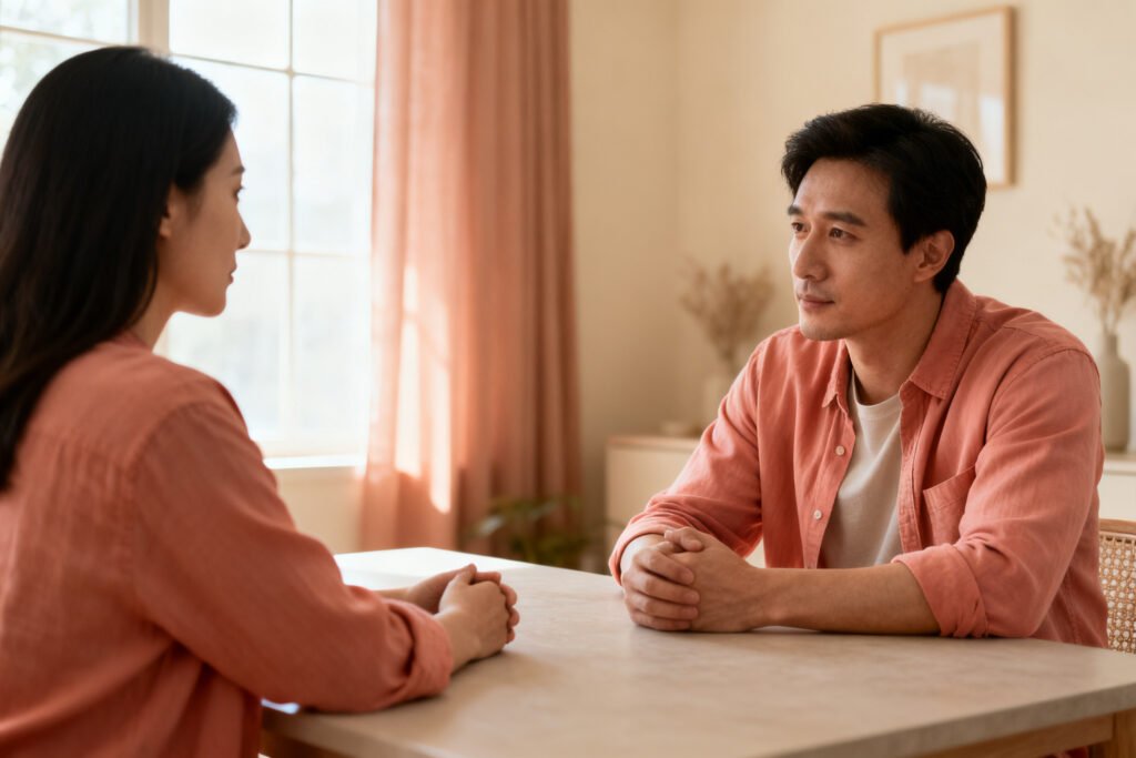 A couple having a calm, respectful conversation at a table