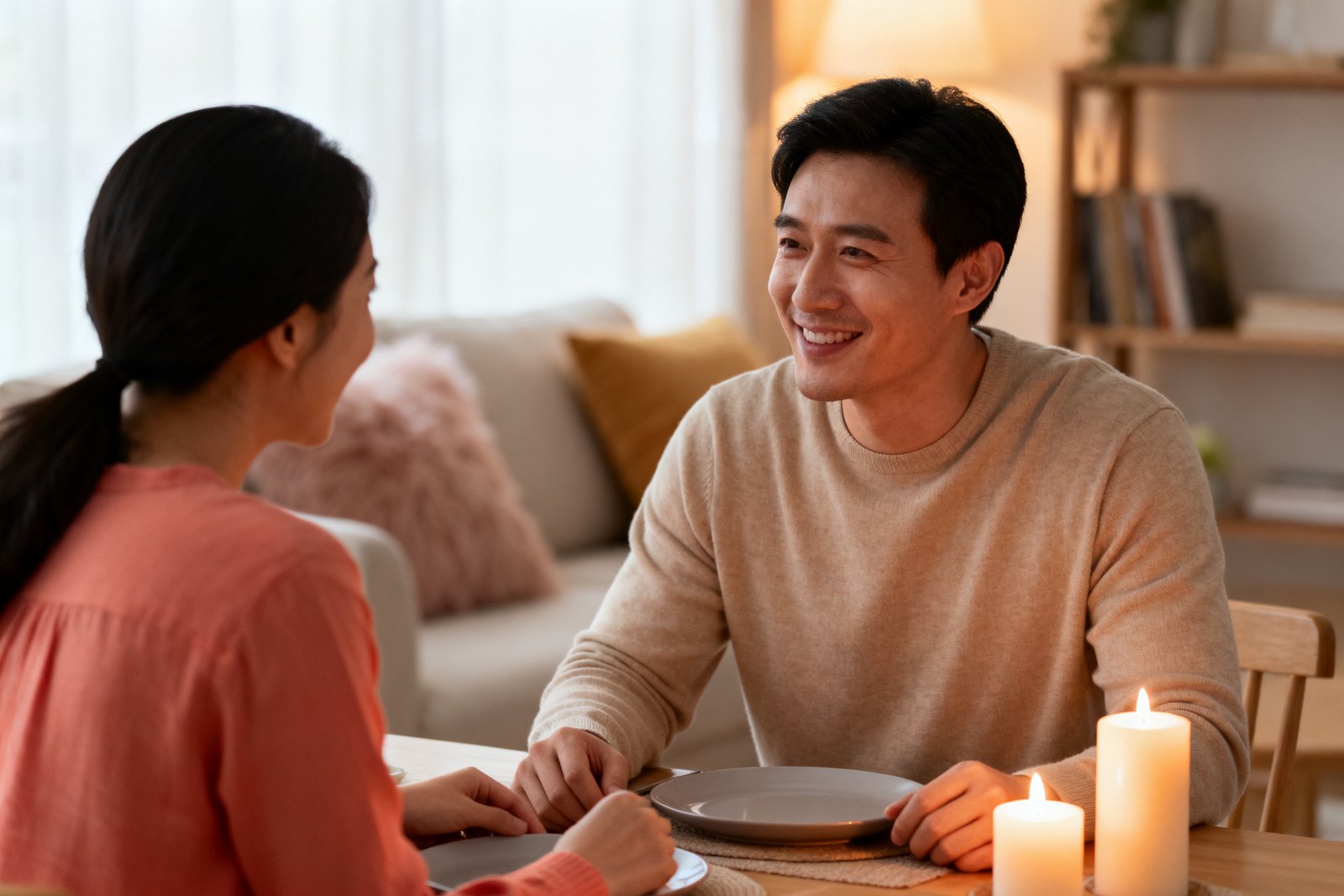 A couple chatting warmly over dinner