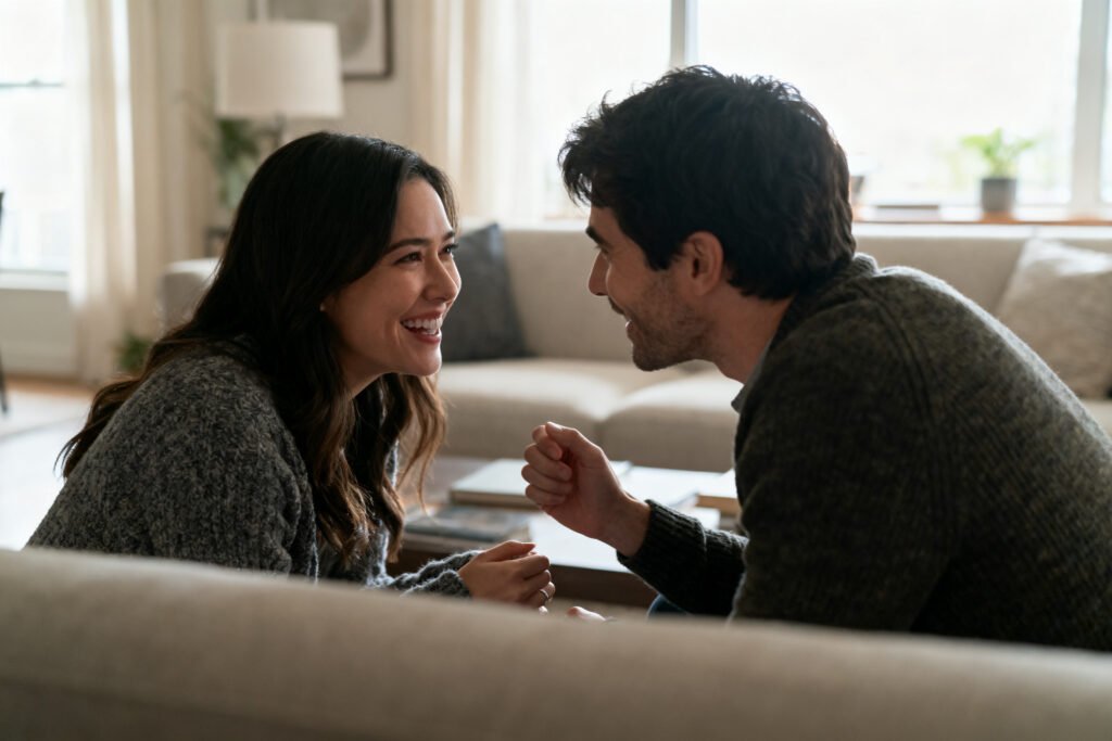 A couple in playful conversation