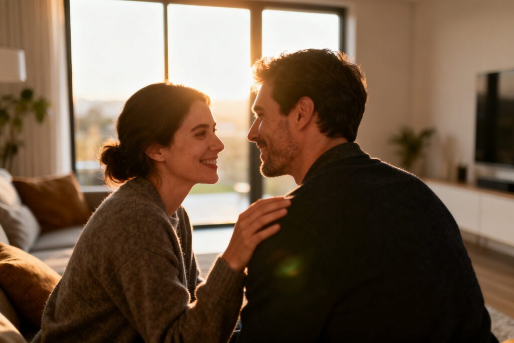 A couple together by a sunny window